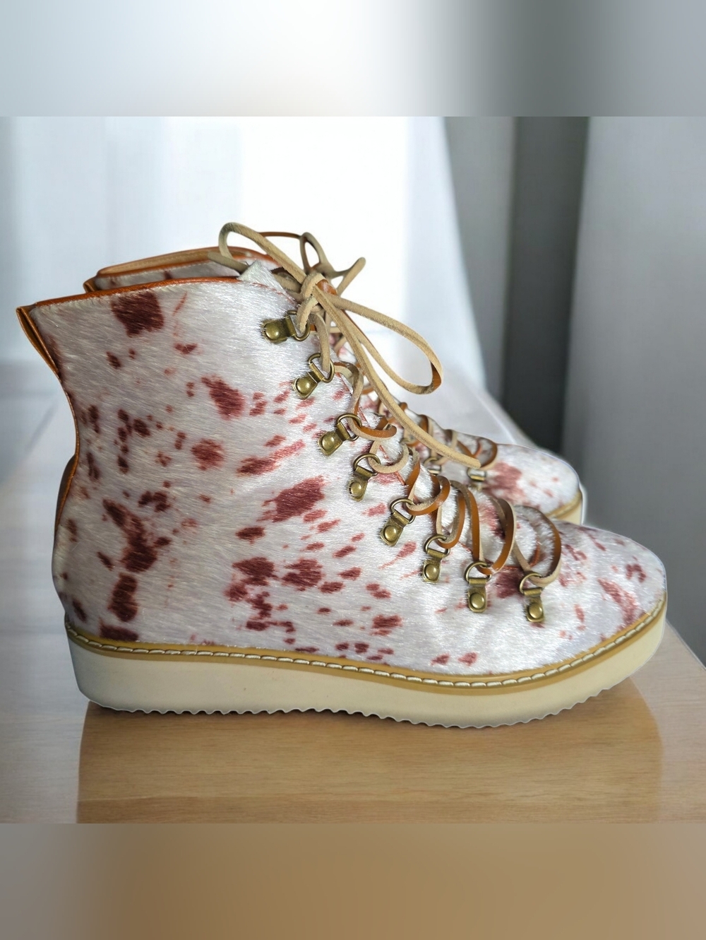 FREE PEOPLE ( 8 ) Vegan Spotted Leather & Cow Hide Lace Up Boots